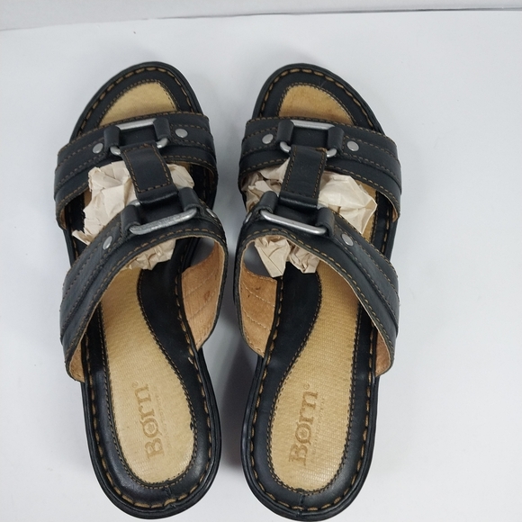 Born Sandals Women's Size 8 Black Leather Wedge Heel Boho Chic Slip on Shoes - Picture 5 of 13